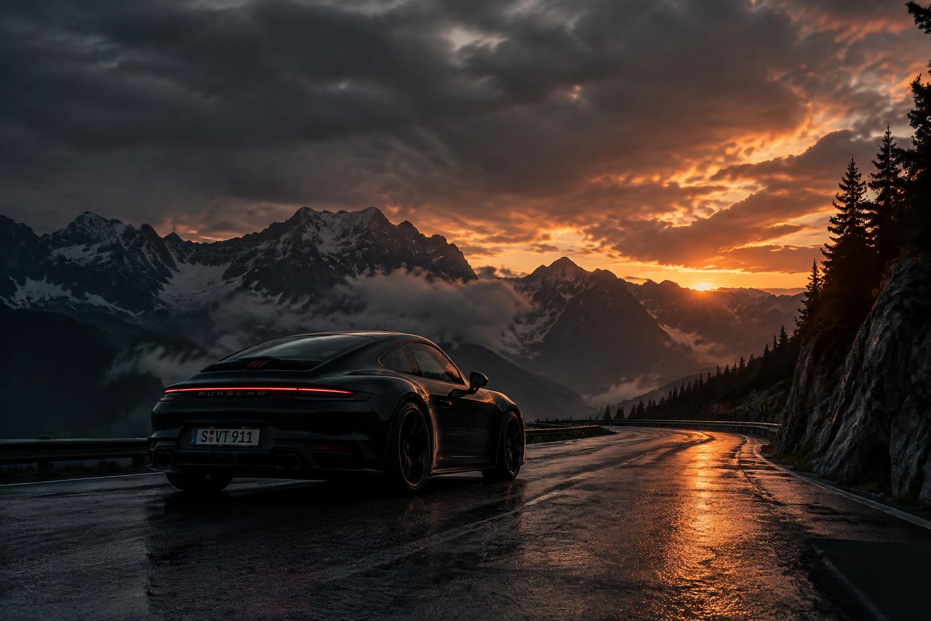 Dark sports car on a wet mountain road at sunset